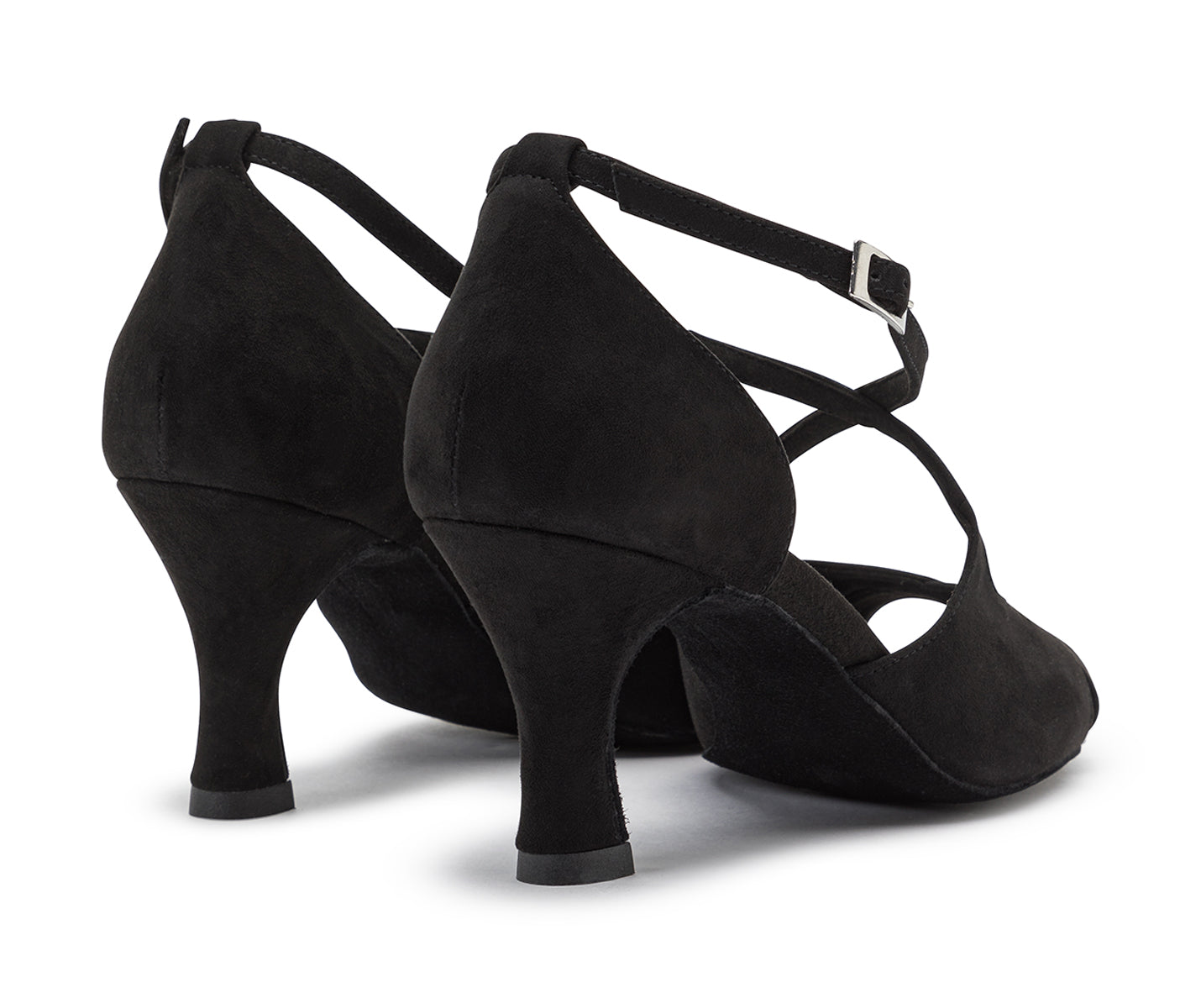 Schwarze Wildleder-Tanzschuhe von Dancing Queens, hohe Absätze, Knöchelriemen und Schnallen, ideal für Bachata.